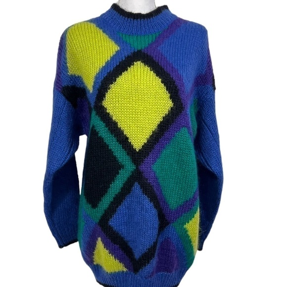 Mohair Blend Colorful Fuzzy Diamond Print Long Tunic Sweater 80s 90s - Picture 2 of 12